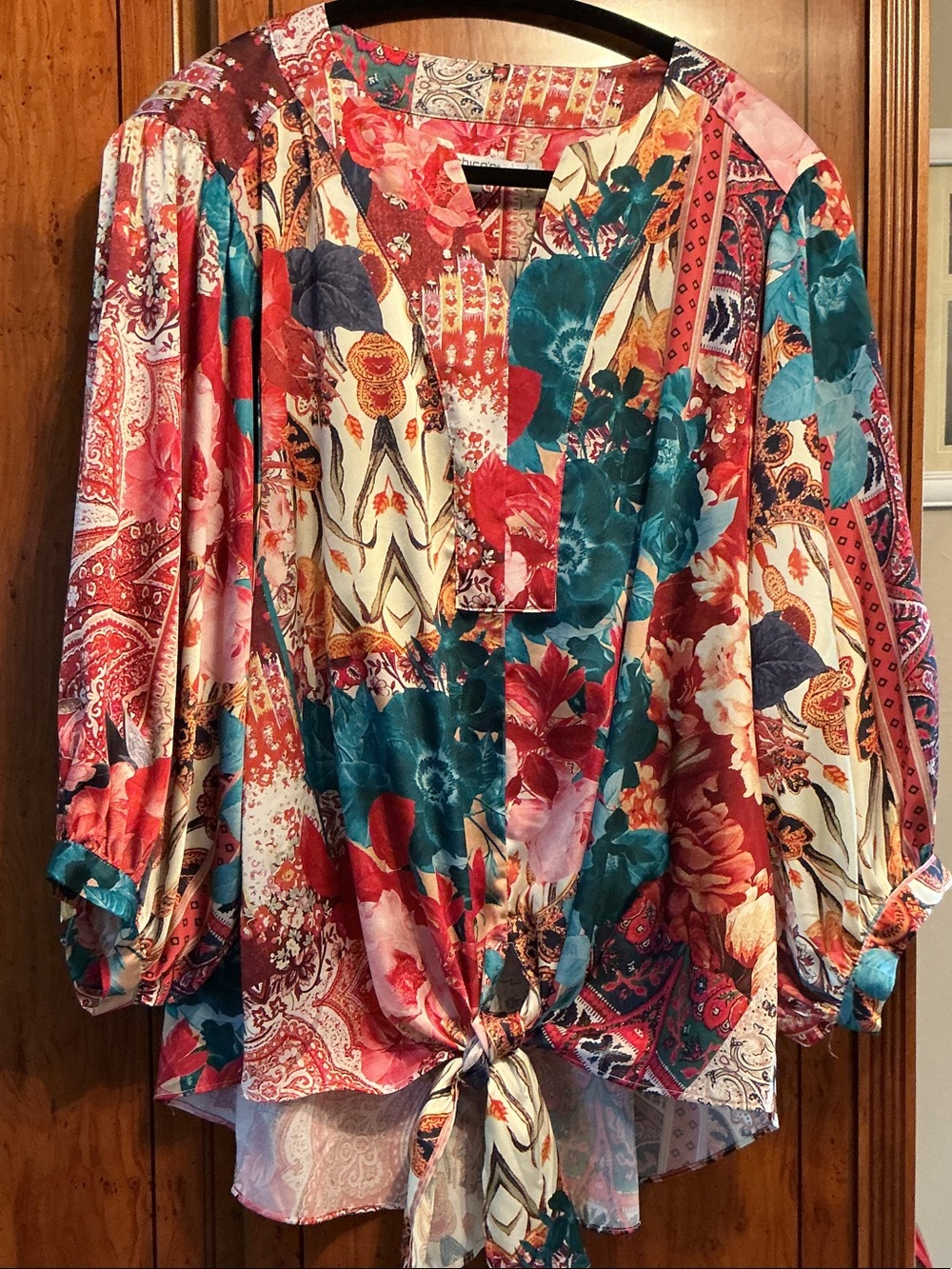 Chico's Multicolor Floral Patchwork Tie-Front Blouse